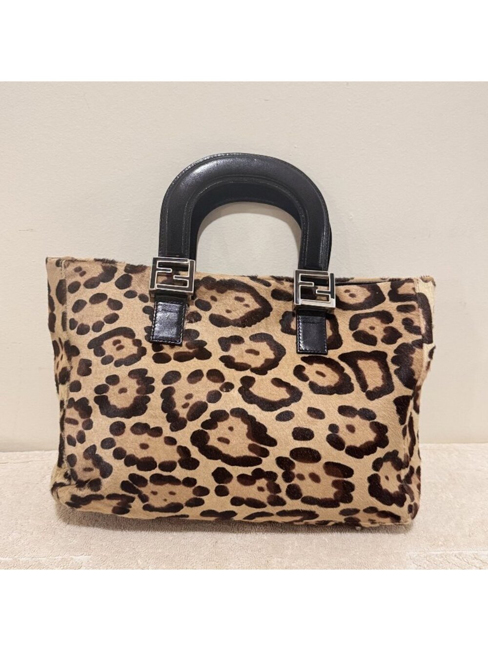 Fendi Women Leopard Calf Hair Top Handle Handbag Black Leather Made Italy Y2K
